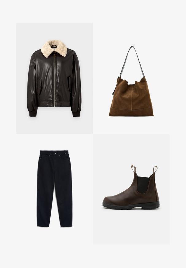 Zwarte leren bomberjack met een crèmekleurige schapenvachtkraag, ritssluiting, zijzakken en geribbelde boorden. Glad oppervlak en klassiek ontwerp.; Navy blauwe coltrui met geribbelde textuur, brede mouwen en een ontspannen pasvorm. Zacht materiaal en minimalistisch ontwerp.; Zwarte denim jeans met een rechte pijp, vijf zakken en een knoopsluiting. De stof heeft een gladde textuur en minimale zichtbare stiksels.; Bruine leren enkellaars met elastische zijkanten, trekriempjes en een getextureerde rubberen zool. Heeft een slank, rond te ontwerp.; Bruine suede emmer tas met een zwarte leren schouderriem, met een zachte silhouette en naaddetail aan de onderkant.