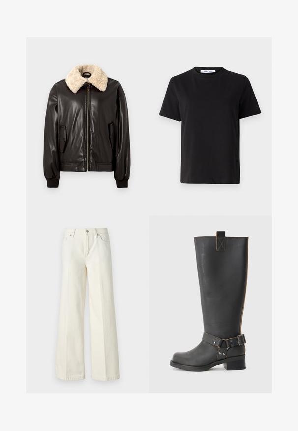 Jaqueta bomber de pele preta com gola de pele sintética creme, fecho de correr, bolsos laterais e punhos canelados. Textura suave e design clássico.; T-shirt preto de manga curta feito de algodão suave, com decote redondo, ajuste descontraído e uma textura suave. Sem padrões ou gráficos visíveis.; Calças jeans brancas de perna larga, feitas de tecido de algodão misto. Apresentam fecho de correr, design de cinco bolsos e costura ao longo das costuras.; Bota preta de couro até ao joelho com um acabamento texturizado, apresentando um detalhe de fivela lateral e um salto baixo. Costura detalhada ao longo das costuras.