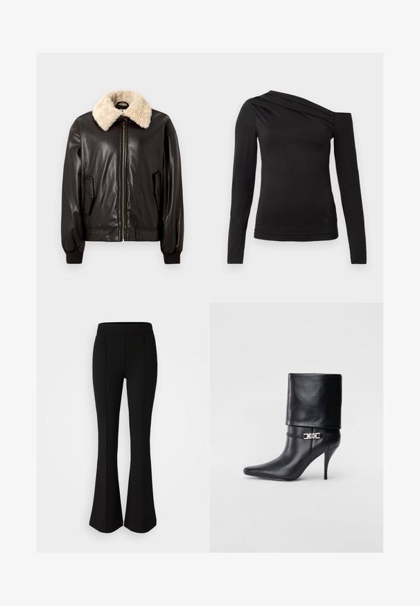 Zwarte leren bomberjack met een crèmekleurige schapenvachtkraag, ritssluiting, zijzakken en geribbelde boorden. Glad oppervlak en klassiek ontwerp.; Zwart langemouwen top met een asymmetrische halslijn, waarbij één schouder bloot is en zachte draping over de borst valt.; Zwarte flared broek gemaakt van een rekbaar materiaal met een gladde textuur, met naaddetails aan de voorkant voor extra ontwerp.; Zwarte leren enkelboot met een spitse neus, hoge stilettohak, opgevouwen manchet en een gouden decoratieve gespdetails op de enkel.