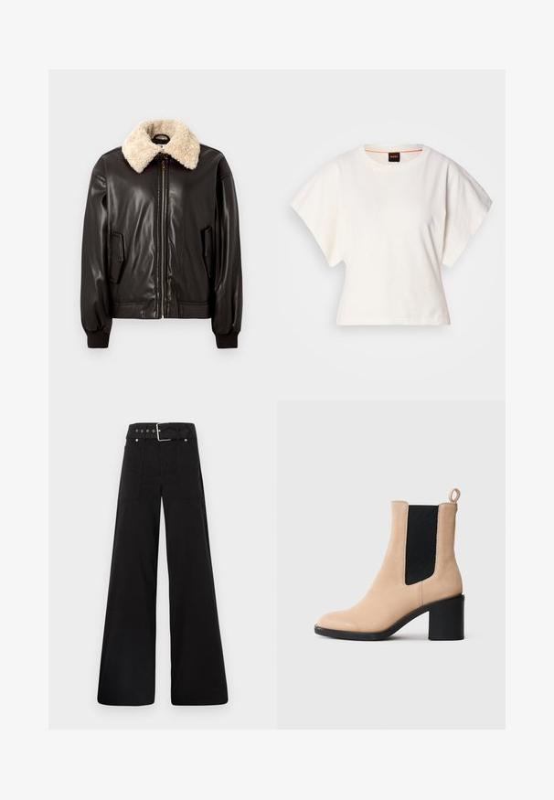 Black leather bomber jacket with a cream shearling collar, zip closure, side pockets, and ribbed cuffs. Smooth texture and classic design.; White cropped T-shirt, short wide sleeves, soft cotton material, round neckline with subtle orange trim, minimal design, no patterns or graphics.; Black wide-leg trousers made from cotton, featuring a high waist, large side pockets, and a belted waist with silver hardware accents.; Beige suede ankle boot with a block heel, featuring a black elastic gusset and pull tab at the back. Smooth texture and rounded toe design.