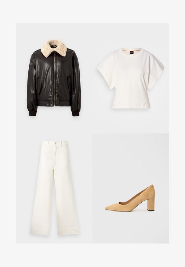 Veste bomber en cuir noir avec un col en shearling crème, fermeture éclair, poches latérales et poignets côtelés. Texture lisse et design classique.; T-shirt blanc cintré, manches courtes et larges, en coton doux, décolleté rond avec une discrète bordure orange, design minimaliste, sans motifs ni graphiques.; Pantalons large en coton beige clair. Dotés d'une taille haute, de poches latérales et d'une coupe droite. Finition ourlet propre sans motifs.; Pumps à talons hauts en daim beige avec un bout pointu et un talon large. Le matériau a une texture douce avec une finition lisse.