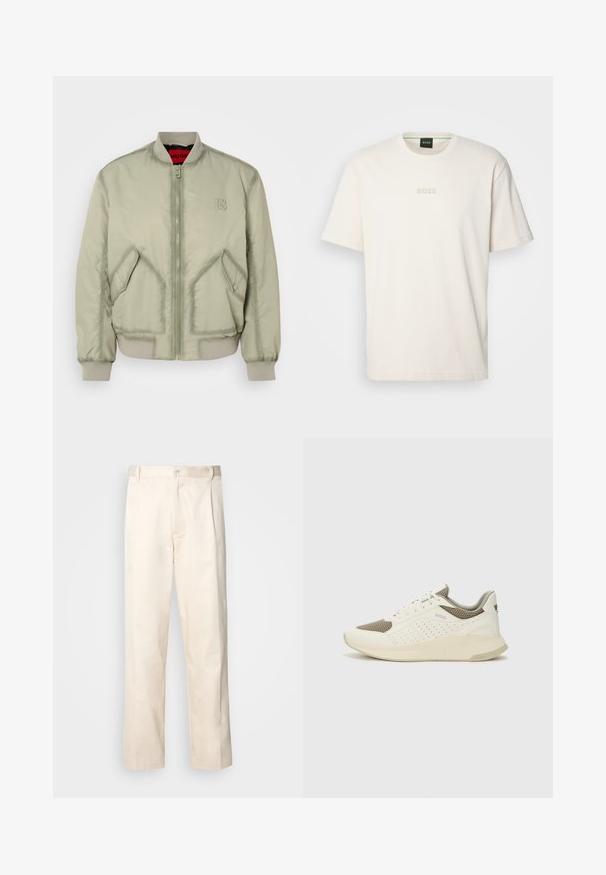 Hele rohelise bomberi jakk, mis on valmistatud siledast kangast, ees lukuga, ribakätiste ja kahe kaldenurgaga taskuga. Rinna peal brodeeritud logo.; BOSS TEE - Lihtne T-särk - open white; Beesidised puuvillased püksid sirge jala lõikega, mis on varustatud nööpkinnituse ja ees olevate voltidega, et lisada detaili.; Valge ja heledat beeži värvi spordijalats, millel on õhuke võrkmaterjal, perforatsioonidega detailid ning tekstuuriga vahetald, millel on brändi logo kannaosas.