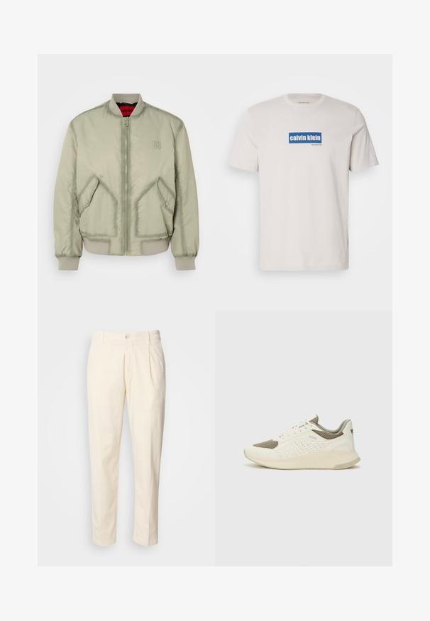 Ljusgrön bomberjacka i slät tyg, med dragkedja fram, ribbade ärmslut och två vinklade fickor. Broderad logotyp på bröstet.; Vit bomulls t-shirt med en blå rektangulär logotyp där "calvin klein" och "new york city" står i vit text på framsidan. Klassisk passform.; Krämfärgade bomullsbyxor med raka ben, featuring frontveck, knäppning med knapp och sidofickor. Slät textur.; Vit och ljusbeige atletisk sneaker med ett meshöverdrag, perforerade detaljer och en texturerad mellansula med varumärke på hälen.