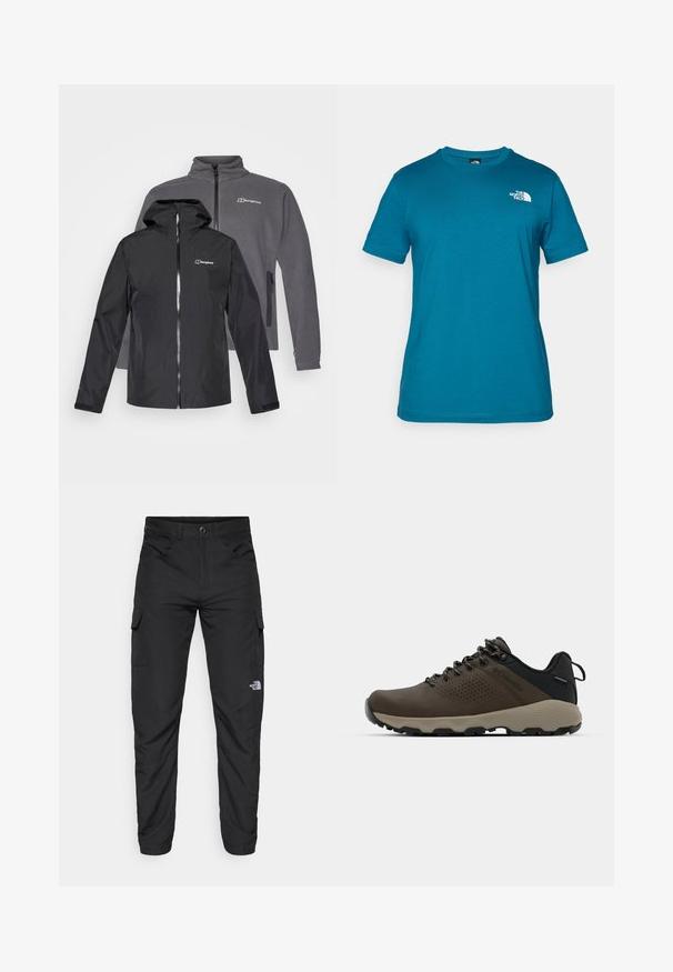Μαύρο αδιάβροχο μπουφάν με κουκούλα μπροστά, γκρι φλις μπουφάν πίσω, και τα δύο με φερμουάρ και λογότυπα επωνυμίας στο στήθος.; Μπλουζάκι κοντομάνικο σε τιρκουάζ από μαλακό βαμβάκι, με λευκό λογότυπο τυπωμένο στο αριστερό στήθος και κλασικό σχέδιο με στρογγυλή λαιμόκοψη.; The North Face HORIZON PANT - Παντελόνι εξωτερικού χώρου - black; Καφέ αδιάβροχα αθλητικά παπούτσια με υφασμάτινη επάνω επιφάνεια, διατρήσεις, μαύρη στήριξη στη φτέρνα και γκρι ελαστική σόλα. Οι κορδόνες είναι διακοσμημένες με μεταλλικές άκρες.