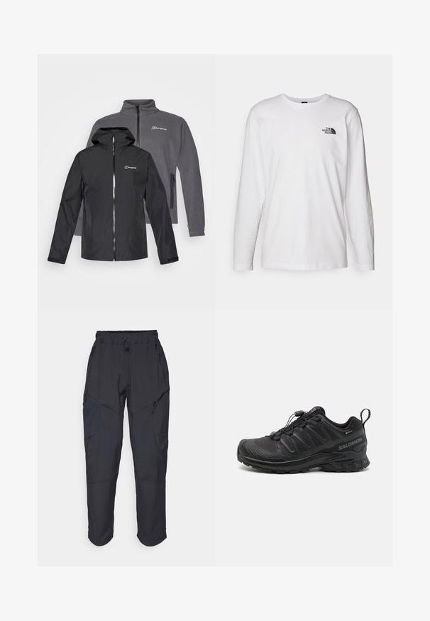 Black waterproof jacket with a hood in front, gray fleece jacket behind, both featuring zippers and branded logos on the chest.; White long-sleeve T-shirt made of cotton with a crew neck. Features a small black logo on the chest. Smooth texture, regular fit.; Black cargo pants made from a lightweight, water-resistant material; features elastic waistband, multiple zippered pockets, and tapered legs.; Black athletic shoe with a textured synthetic upper, cushioned sole, and a quick-lacing system. Features a reinforced toe and heel.