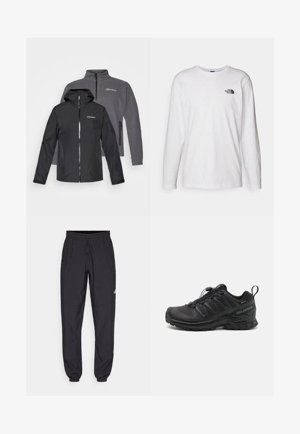 Czarna wodoodporna kurtka z kapturem z przodu, szara kurtka polarowa z tyłu, obie z zamkami błyskawicznymi i z logo marki na piersi.; Biała koszulka z długim rękawem wykonana z bawełny, z okrągłym dekoltem. Posiada małe czarne logo na piersi. Gładka faktura, regularny krój.; Czarne spodenki sportowe wykonane z lekkiego materiału, z elastycznym pasem na sznurek, bocznymi kieszeniami i zwężanymi mankietami przy kostkach.; Czarny but sportowy z teksturowanym syntetycznym wierzchem, amortyzowaną podeszwą i systemem szybkiego sznurowania. Posiada wzmocniony nos i piętę.