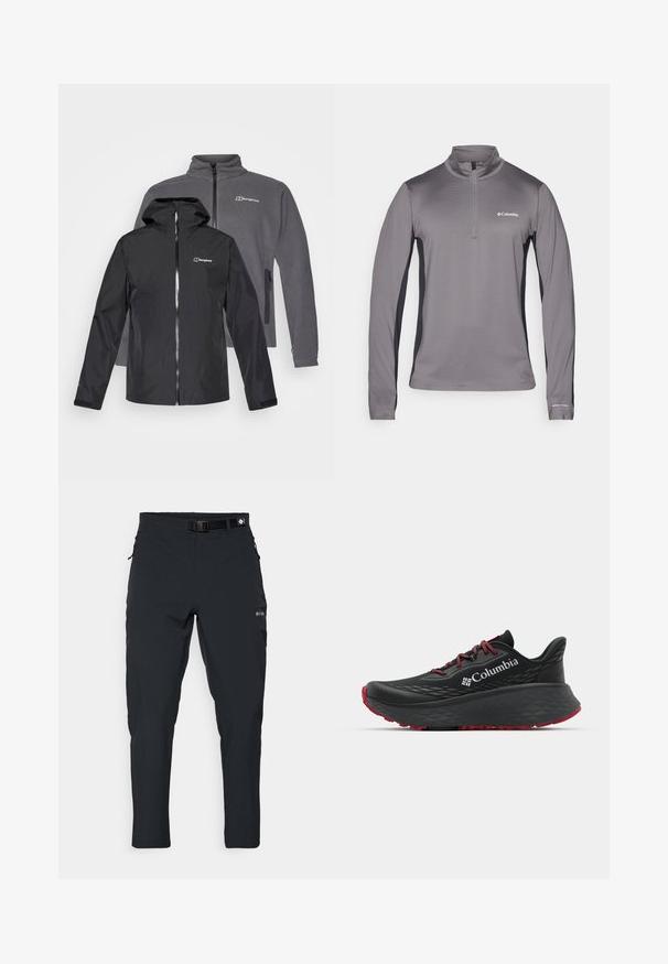 Crna vodootporna jakna s kapuljačom sprijeda, siva flis jakna pozadi, obje imaju patentne zatvarače i brendirane logotipe na prsima.; Sivi pulover dugih rukava s polu zatvaračem, teksturirana tkanina, kontrastni crni bočni paneli i mali logotip na prsima.; Columbia ESSENTIAL HIKE™ PANT - Hlače za otvoreno - black; Crne sportske cipele s teksturiranim gornjim dijelom, crvenim vezicama i logom. Debeli đon s uzorkom za prianjanje. Minimalistički dizajn, bočni prikaz.