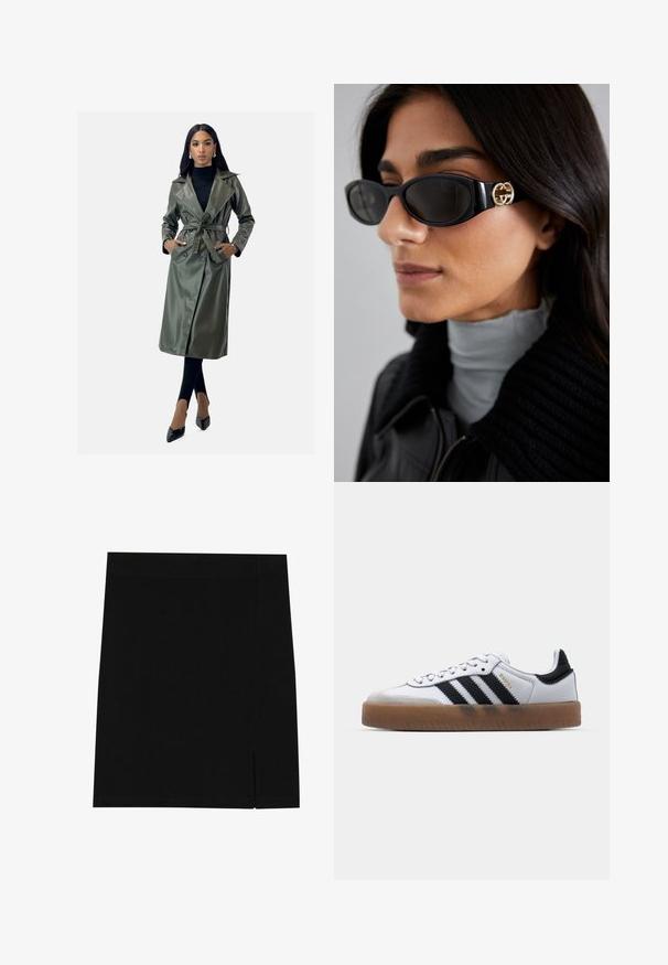 Oliwkowy, sztuczny skórzany płaszcz trencz z paskiem w talii, klapami, podwójnymi guzikami i dwoma bocznymi kieszeniami. Długość do ziemi.; Szary sweatshirt z kołnierzem na zamek błyskawiczny w połowie długości, ściągaczami przy rękawach i małym, haftowanym logo na piersi. Miękka dzianina bawełniana.; Czarna mini spódnica z miękkiego materiału, o dopasowanym kroju, z delikatnym rozcięciem po boku dla dodatkowego akcentu.; Białe skórzane sneakersy z czarnymi paskami, gumowa podeszwa, okrągły czubek, sznurowane zapięcie oraz miękką szaro-suede'ową osłonę czubka.; Czarne okulary przeciwsłoneczne o eleganckim, prostokątnym kształcie z logo w kolorze złotym na boku. Ciemne soczewki i błyszczące wykończenie są wyraźnie widoczne.; Biała skórzana torebka z zapięciem w złotym odcieniu, czarnymi akcentami, odczepianym paskiem na ramię oraz usztywnioną konstrukcją z klapką.