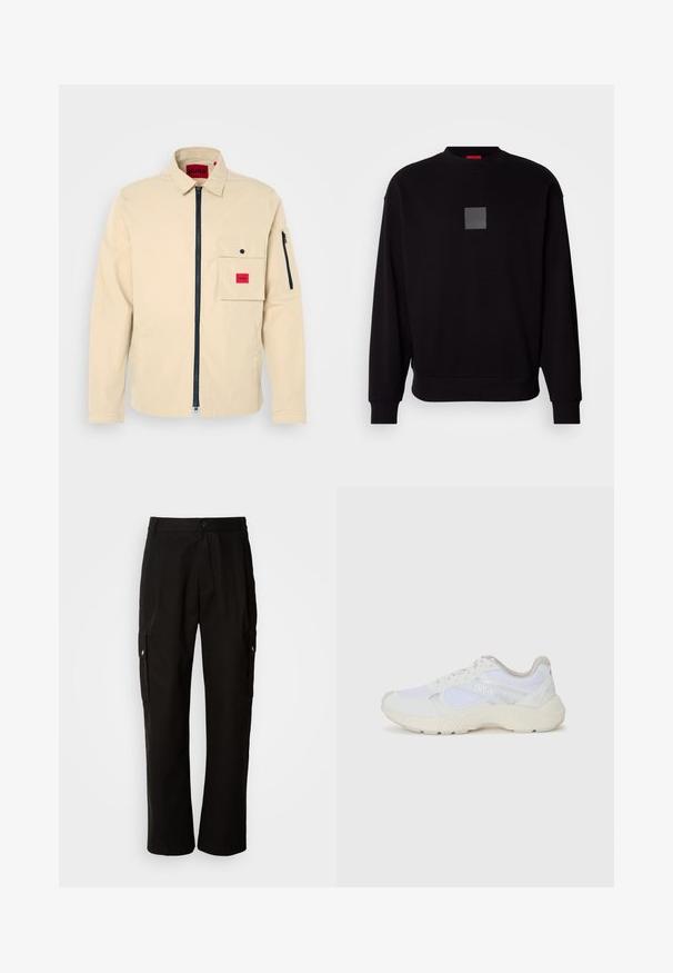 Beige jacket with a zip front, collared neck, and a left chest pocket featuring a red brand label. Includes a sleeve pocket with a zipper.; Black sweatshirt with long sleeves, round neckline, a front gray square logo, soft texture, and ribbed cuffs and hem.; Black cargo pants made of cotton with a relaxed fit, featuring side pockets, a button closure, and straight legs. Simple design without patterns.; White athletic shoes made of mesh and suede, featuring a textured midsole, textured accents, and "HUGO" logo on the side.