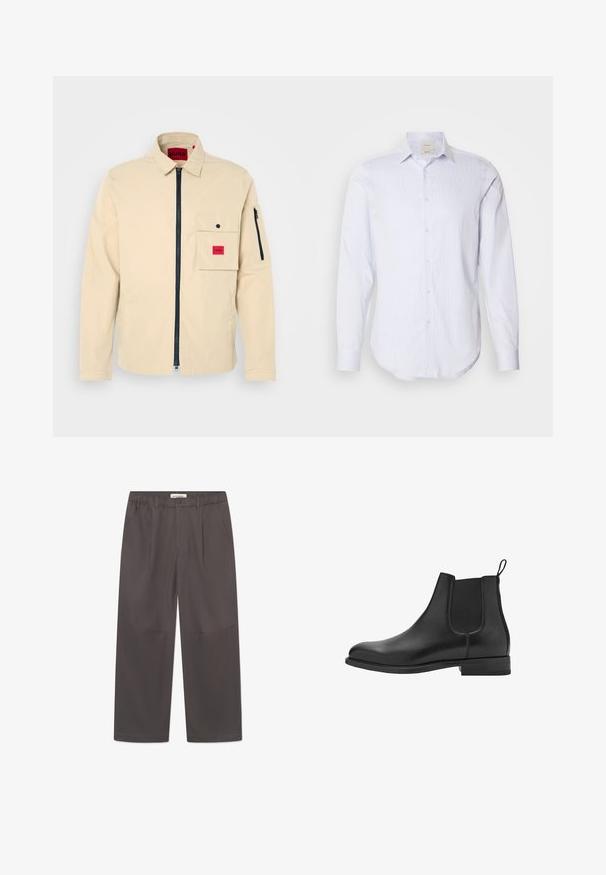 Beige jas met een rits aan de voorkant, kraag en een borstzak aan de linkerkant met een rood merketiket. Inclusief een mouwzak met een rits.; Lichtblauw en wit gestreept overhemd met lange mouwen, voorzien van een volledige knoopsluiting, puntige kraag en afgeronde zoom. Gemaakt van katoen, met een gladde textuur.; Grijze, wijde broek van soepel stof, met een knoopsluiting en twee zijzakken. Eenvoudig, strak ontwerp zonder zichtbare patronen.; Zwarte leren chelsea boots met elastische zijkanten, ronde neus en een lage blokhak. Glad oppervlak en een strak, minimalistisch ontwerp.