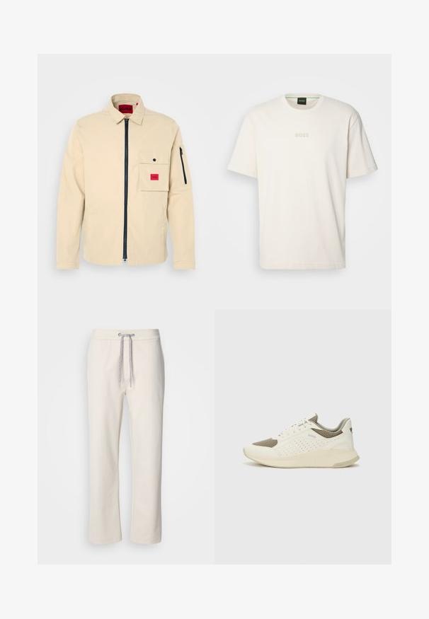 Bež jakk, millel on lukuga esiosa, krae ja vasakul rinnal tasku, millel on punane brändi silt. Includes a sleeve pocket with a zipper.; BOSS TEE - Lihtne T-särk - open white; Kreemivärvilised igapäevased püksid, millel on paelaga vöö ja sirged jalad, esitledes puhtal valgel taustal.; Valge ja heledat beeži värvi spordijalats, millel on õhuke võrkmaterjal, perforatsioonidega detailid ning tekstuuriga vahetald, millel on brändi logo kannaosas.