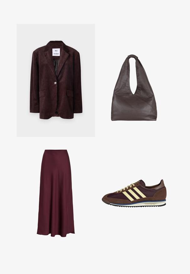Ciemnobrązowa marynarka z korduroyu z klasycznym kołnierzem, zapięciem na jeden guzik oraz dwiema przednimi kieszeniami. Teksturowany materiał z pionowym prążkowaniem.; Szara bluza z napisem "PARIS" w odważnym, jasnoniebieskim kolorze na przodzie. Charakteryzuje się okrągłym dekoltem oraz ściągaczami przy rękawach i dołem.; Burgundowa satynowa spódnica maxi o gładkiej teksturze, wysoka talia i zwiewny krój, który delikatnie rozszerza się ku dołowi.; Brązowe i burgundowe sneakersy wykonane z zamszu i siateczkowych materiałów, z trzema kremowymi paskami, teksturowanym materiałem na języku i gumową podeszwą.; Brązowa skórzana torba o luźnym, oversize'owym kroju. Posiada pętle do noszenia oraz głębokie V-kształtne otwarcie dla łatwego dostępu. Miękka tekstura, minimalistyczny styl.