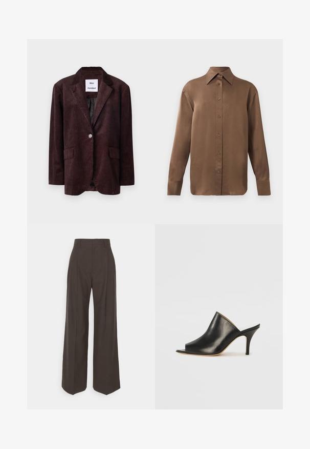 Dunkelbrauner Cord-Blazer mit klassischem Kragen, einem einzelnen Knopfverschluss und zwei vorderen Taschen. Strukturiertes Material mit vertikalen Rippungen.; Braunes Langarmhemd mit Knopfverschluss, spitzem Kragen und Manschetten, vor einem schlichten weißen Hintergrund präsentiert.; Dunkelbraune weite Hose mit hoher Taille, die über sorgfältig gebügelte Falten, eine glatte Textur und eine taillierte Passform verfügt.; Schwarze Leder- offene Zehen-Mules mit einem eleganten, geschwungenen Design, hohem Stiletto-Absatz und glatter Textur. Das Innere weist eine kontrastierende hellere Farbe auf.