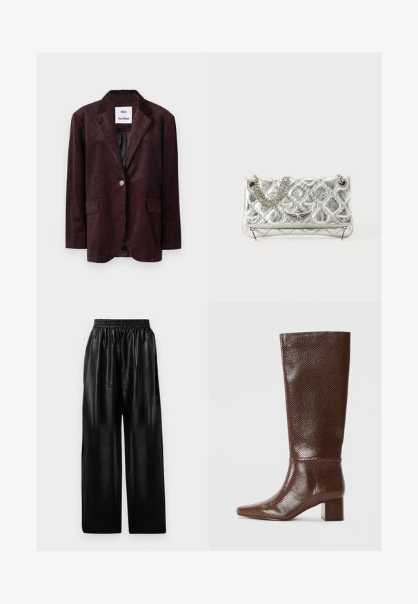 Blazer en velours côtelé marron foncé avec un col classique, fermeture à un bouton et deux poches avant. Tissu texturé avec des côtes verticales.; Bodysuit à manches longues en tissu marron foncé, avec un col haut, une texture lisse et un dos dégagé, offrant une coupe ajustée.; Pantalons larges en cuir noir avec une ceinture élastique, dotés de deux poches latérales et d'une texture lisse et brillante.; Botte marron jusqu'aux genoux avec une texture en peau de serpent, bout carré et talon carré sur fond blanc uni.; Sac à main en métal argenté avec une poignée en chaîne, texture matelassée, couture décorative et fermeture éclair. Présente des accents embossés sur le devant.
