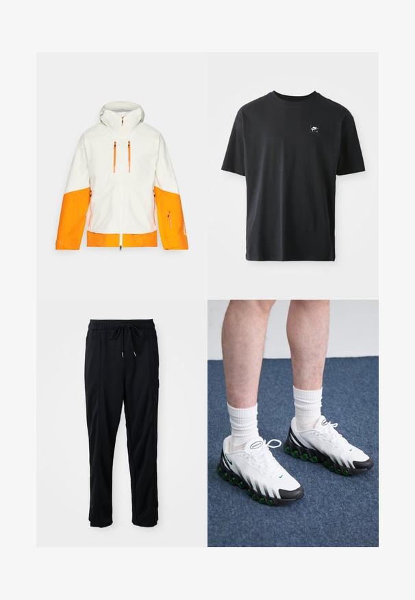 Giacca bianca con accenti arancioni, dotata di cappuccio, tasche con zip e un design bicolore sulle maniche e sul corpo per un look audace.; Maglietta in cotone nera con maniche corte, colletto rotondo, con un piccolo logo rettangolare con la scritta "NIKE AIR" in bianco sul lato sinistro del petto.; Pantaloni casual neri con elastico in vita, tasche laterali e taglio dritto su uno sfondo uniforme.; Scarpe da ginnastica bianche con accenti neri e ammortizzazione verde. Presentano una tomaia testurizzata, chiusura con lacci e logo del marchio visibile.