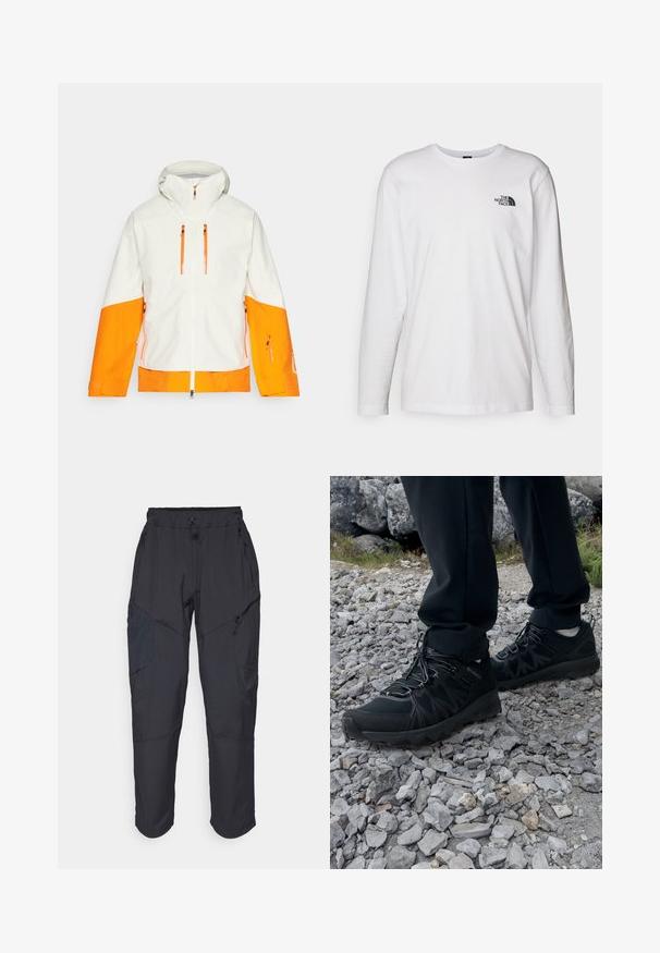 Hvid jakke med orange accenter, der har hætte, lynlåslommer og et tofarvet design på ærmerne og kroppen for et dristigt udseende.; Hvid langærmet T-shirt lavet af bomuld med rund hals. Har et lille sort logo på brystet. Glat tekstur, almindelig pasform.; Sorte cargo bukser lavet af et let, vandafvisende materiale; har elastisk talje, flere lynlåslommer og tætsiddende ben.; Sorte udendørssko med mesh og syntetisk materiale, med en tekstureret overdel, sikre snørebånd og en robust ydersål, på klippelandskab.