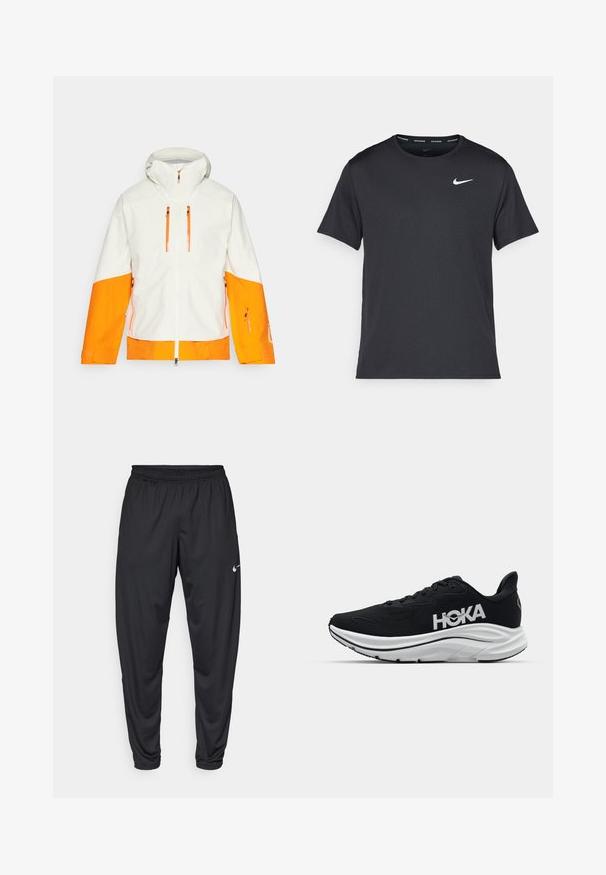 Witte jas met oranje accenten, voorzien van een capuchon, ritszakken en een tweekleurig ontwerp op de mouwen en het lichaam voor een gedurfde uitstraling.; Zwarte Nike hardloop T-shirt gemaakt van lichtgewicht, ademend materiaal, met korte mouwen en een klein wit logo op de borst.; Zwarte sportbroeken met een elastische tailleband, taps toelopende pijpen en een klein wit Nike-logo op de linker bovenbeen. Glad stof, zonder patronen.; Zwarte sportieve schoen met een gestructureerde bovenkant, wit logo, gevoerde zool en een slank, rond ontwerp. Beschikt over een vetersysteem en contrasterende accenten.