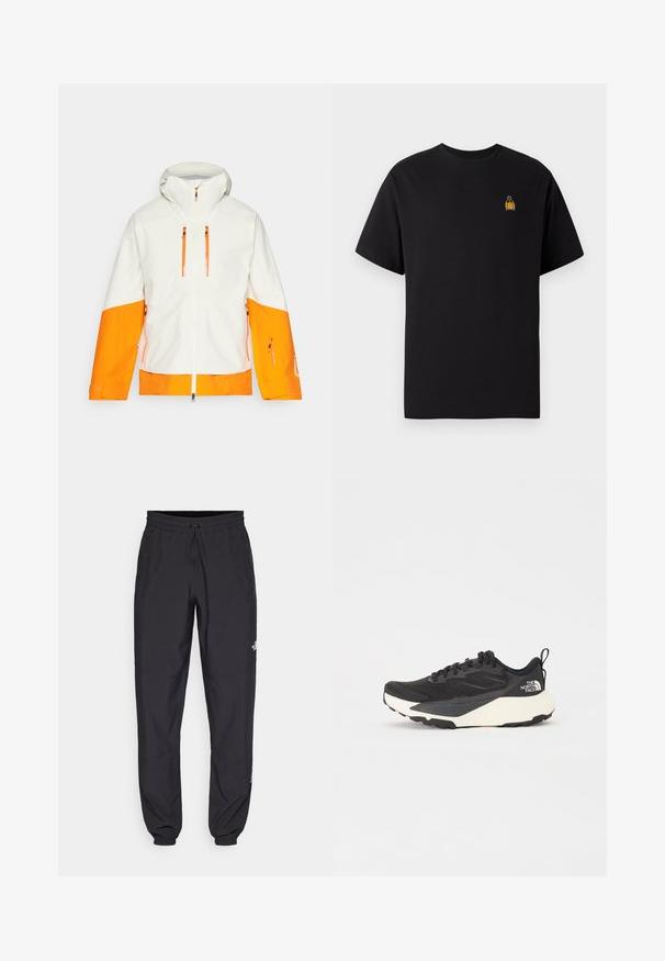 Veste blanche avec des accents orange, dotée d'une capuche, de poches zippées et d'un design bicolore sur les manches et le corps pour un look audacieux.; T-shirt noir en coton à manches courtes, col rond, avec un petit motif brodé jaune sur le côté gauche de la poitrine.; Pantalon de sport noir en tissu léger, avec une taille à cordon, des poches latérales et des chevilles resserrées.; Chaussure de sport noire avec une tige en mesh texturé, accents noirs solides et semelle extérieure légère blanche. Dispose d'un système de laçage et d'une tirette.