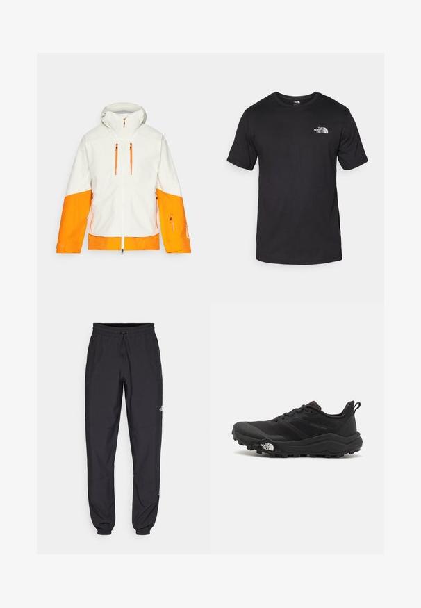 White jacket with orange accents, featuring a hood, zippered pockets, and a two-tone design on the sleeves and body for a bold look.; Black short-sleeve t-shirt made of cotton, featuring a round neckline and a small white logo on the upper left chest area.; Black athletic pants made from lightweight fabric, featuring a drawstring waistband, side pockets, and tapered cuffs at the ankles.; Black trail running shoe with a textured upper, rubber sole, and reinforced toe cap. Features a padded collar and pull tab for easy wear.