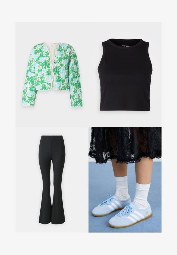 Casaco acolchoado verde com padrão floral azul, apresentando um fecho de amarração e mangas largas. Tecido leve com um acabamento contrastante em creme.; Top cropped preto canelado com gola redonda e design sem mangas. Feito de um tecido macio e elástico, apresentando bordas limpas e com bainha.; Calças pretas de boca de sino feitas de tecido elástico. Apresentam uma cintura alta e um design suave e ajustado que se alarga a partir do joelho para baixo.; Sapatilhas azul claro com riscas brancas e meias brancas, usadas com uma saia preta de renda, sobre uma superfície de carpete azul.