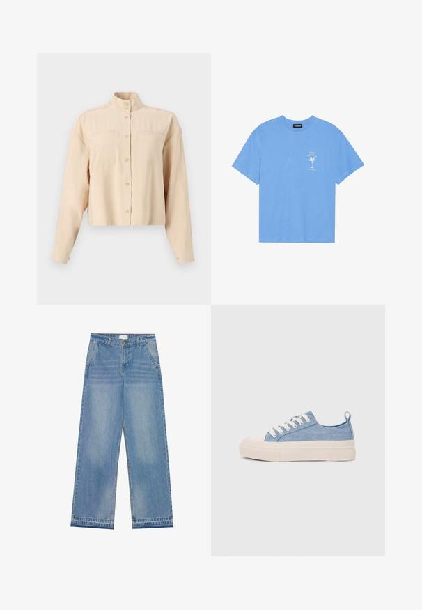 Camisa corta beige con botones y cuello alto, dos bolsillos en el pecho, mangas largas, textura suave y botones redondos.; Camiseta de algodón de color azul claro con escote redondo. Presenta un gráfico en blanco de una palmera y texto en la parte izquierda del pecho. Mangas cortas.; Jeans de pierna ancha de cintura alta en azul claro con cierre de botón, bolsillos frontales, pasadores para cinturón y un sutil desgaste.; Zapatillas de lona azul claro con una puntera y suela de goma crema, que cuentan con cordones blancos y una lengüeta en el talón.