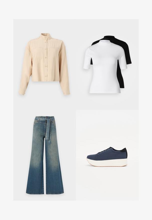 Camicia beige accorciata con collo alto, due tasche sul petto, maniche lunghe, texture liscia e bottoni rotondi.; Set di due maglie a collo alto, in bianco e nero. Maniche corte, in morbido cotone e design aderente. Senza fantasie né grafiche.; Pantaloni in denim a gamba larga con una sfumatura che va dal blu chiaro al blu scuro, vita alta, passanti per cintura e una cintura in tessuto coordinato. Finitura in denim strutturato.; Sneaker blu navy con tomaia in tessuto texturizzato, suola piatta bianca, punta arrotondata e accentuazione nera sul tallone. Presenta sei fori per i lacci.