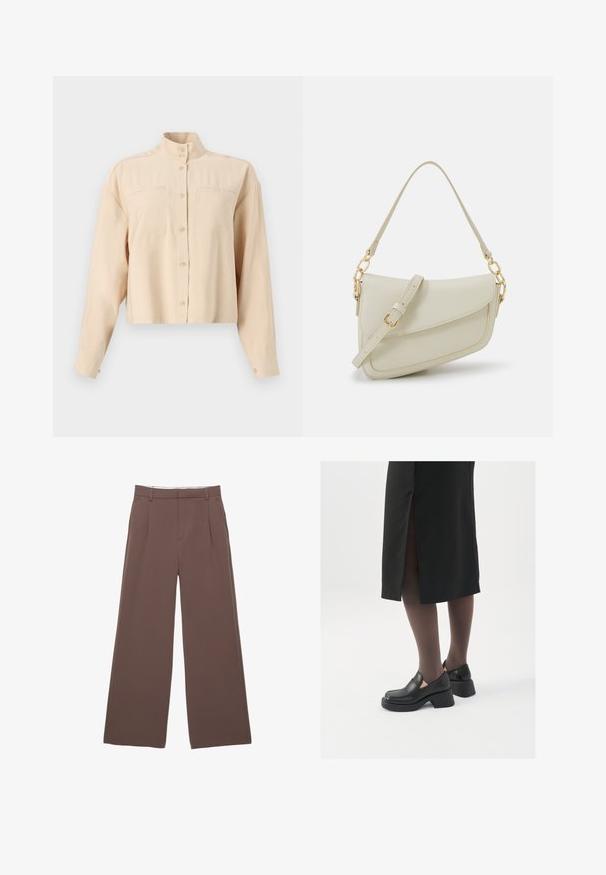 Beige, verkürzte Hemdbluse mit hohem Kragen, zwei Brusttaschen, langen Ärmeln, glatter Textur und runden Knöpfen.; Weißes ärmelloses Tanktop aus geripptem Stoff, mit rundem Ausschnitt und figurbetonter Silhouette, minimalen Nähten und ohne Verzierungen.; Weite Hosen aus einfarbigem braunem Stoff, mit einer glatten Textur, vorderen Falten und einem maßgeschneiderten Bund. Keine sichtbaren Logos oder Muster.; Schwarze Lederschuhe mit abgerundetem Zeh, dicker Blockabsatz und elastischen seitlichen Akzenten, kombiniert mit dunklen Strumpfhosen und einem schwarzen Rock mit Schlitz.; Kleine cremefarbene Handtasche mit strukturiertem Finish, einem langen verstellbaren Tragegurt, einem Kettenakzent und einem Klappenverschluss. Goldene Hardware-Details.; Silberne Creolen mit minimalistischem Design. Rundform, glatte Oberfläche und dünnes Profil. Leichtgewichtig mit hochglänzender Oberfläche.