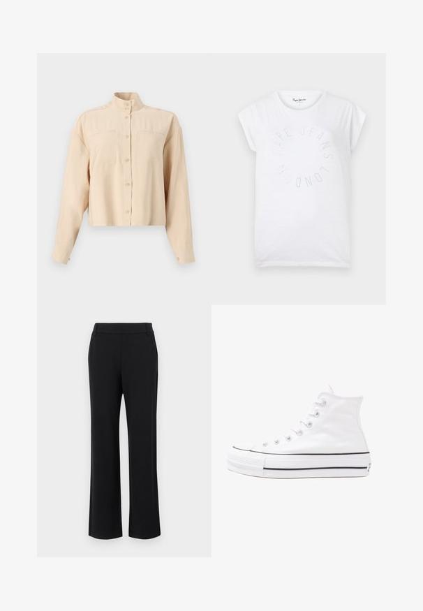 Beige, cropped button-up shirt with a high collar, two chest pockets, long sleeves, smooth texture, and round buttons.; White cotton t-shirt with a round neckline and short sleeves. Features a circular text design in small dots reading "Pepe Jeans London."; Black, flared trousers with a smooth texture, mid-rise waistband, and side pockets. Simple design without patterns or embellishments.; White high-top canvas sneaker with black rubber sole, front rubber toe cap, and six eyelets for laces, featuring a clean, minimalist design.