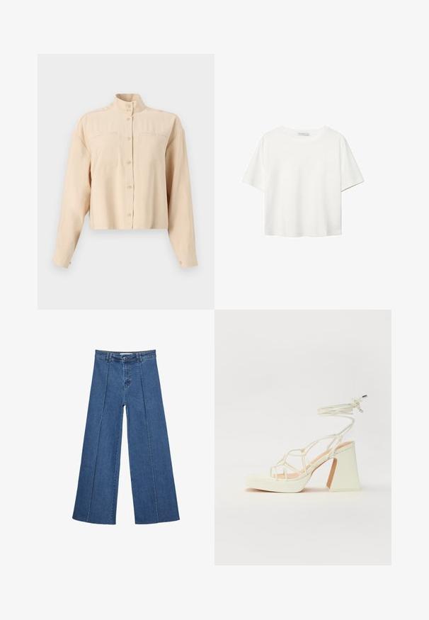 Beżowa, krótka koszula na guziki z wysokim kołnierzem, dwiema kieszeniami na piersi, długimi rękawami, gładką strukturą i okrągłymi guzikami.; Biała koszulka z krótkim rękawem, wykonana z bawełny. Posiada okrągły dekolt i luźny krój. Gładka faktura bez widocznych wzorów czy akcentów.; Jeans typu wide-leg w średnim niebieskim kolorze, z wysokim stanem, zapięciem na guziki oraz kontrastowymi szwami pionowymi z przodu.; Biała sandał na wysokim obcasie z masywnym słupkiem, z paskowym wzorem i wiązaniem przy kostce. Gładka faktura z platformą z przodu dla dodatkowej wysokości.