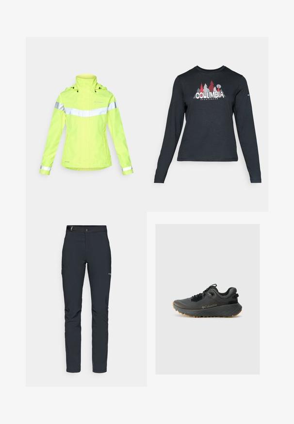 Reflektirajuća, svijetložuta kišna jakna s prednjim闭i, podesivom kapuljačom i srebrnim trakama preko prsiju i rukava. Vodootporni materijal.; Majica dugih rukava tamnosive boje s grafikom crvenih drveća i planina; logo "COLUMBIA" u podebljanom bijelom tekstu. Mekana tkanina, standardni okrugli izrez.; Muške outdoor hlače, tamno sive boje, izrađene od fleksibilnog materijala, s remenom, džepovima na patentni zatvarač i ojačanim šavovima.; Columbia TERRASTRIDE CRZ - Obuća za pješačenje - shark/black