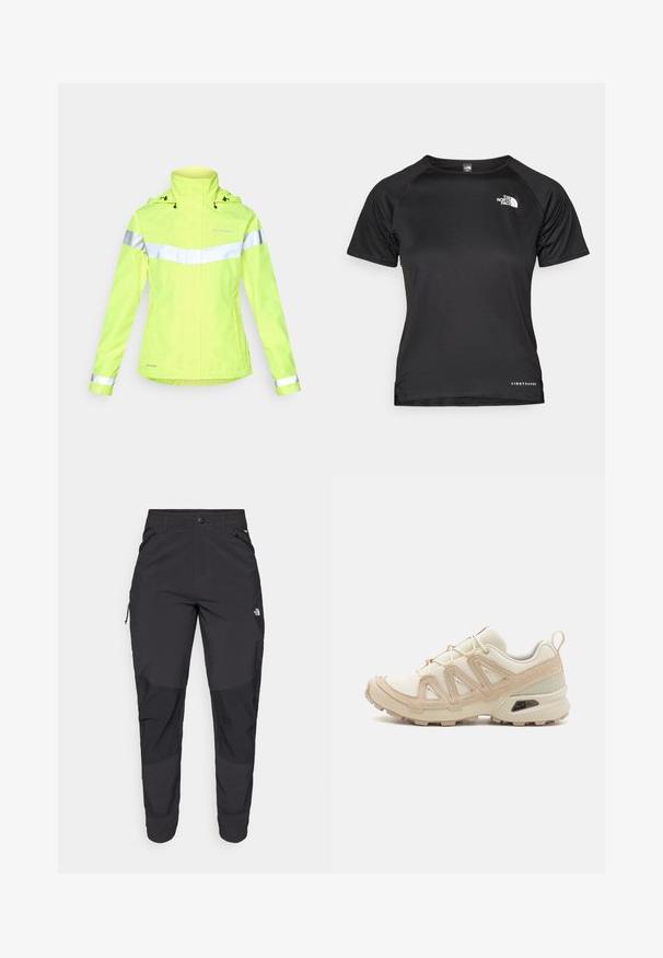 Reflectieve, felgele regenjas met een ritssluiting aan de voorkant, een verstelbare capuchon en zilveren strepen over de borst en mouwen. Waterdicht materiaal.; Zwart sportshirt met korte mouwen, gemaakt van lichtgewicht stof. Heeft een ronde hals, een gestructureerd patroon en een wit logo op de bovenste linkerkant van de borst.; Zwarte outdoorbroek gemaakt van duurzaam materiaal. Voorzien van ritszakken, versterkte knieën en een rechte snit voor optimale bewegingsvrijheid.; Beige en crème sportschoen met een textuur-mesh bovenwerk, ondersteunende overlays en een rubberen zool met een profielpatroon voor grip.