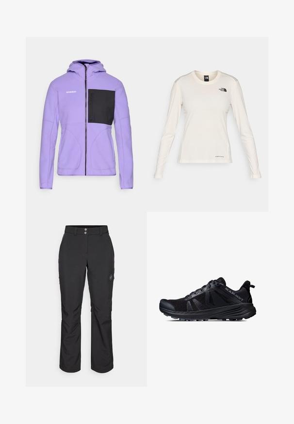 Giacca in pile viola con tasca sul petto nera, zip completa e cappuccio. Presenta cuciture a contrasto e un marchio sulla spalla sinistra.; The North Face SHADOW LONG SLEEVE - Maglietta a manica lunga - white dune; Pantaloni outdoor neri con taglio dritto, dotati di chiusura con bottone, tasche laterali con zip e una patch con logo sulla coscia sinistra.; Scarpe da trail running nere con tomaia in rete e suola in gomma. Presentano sovrapposizioni testurizzate, punta rinforzata e logo del marchio sul tallone.