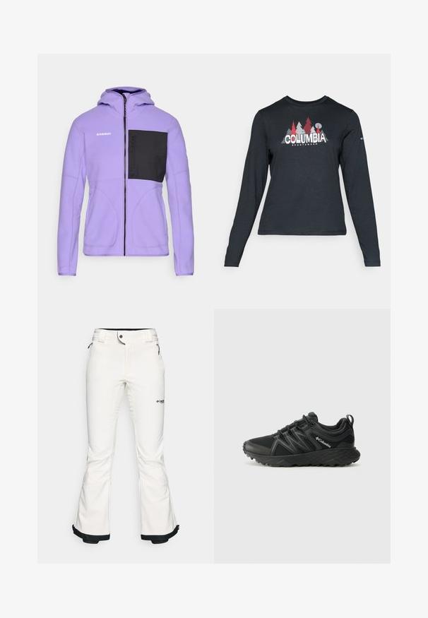 Giacca in pile viola con tasca sul petto nera, zip completa e cappuccio. Presenta cuciture a contrasto e un marchio sulla spalla sinistra.; Maglietta a maniche lunghe grigia scura con una grafica di alberi rossi e montagne; logo "COLUMBIA" in caratteri bianchi in grassetto. Tessuto morbido, scollatura a girocollo standard.; Pantaloni da sci bianchi realizzati in materiale morbido e flessibile. Presentano una vita aderente, gambe ampie e svasate, con rifiniture nere ai polsini. Logo del marchio visibile.; Columbia PEAKFREAK - Scarpa da hiking - black