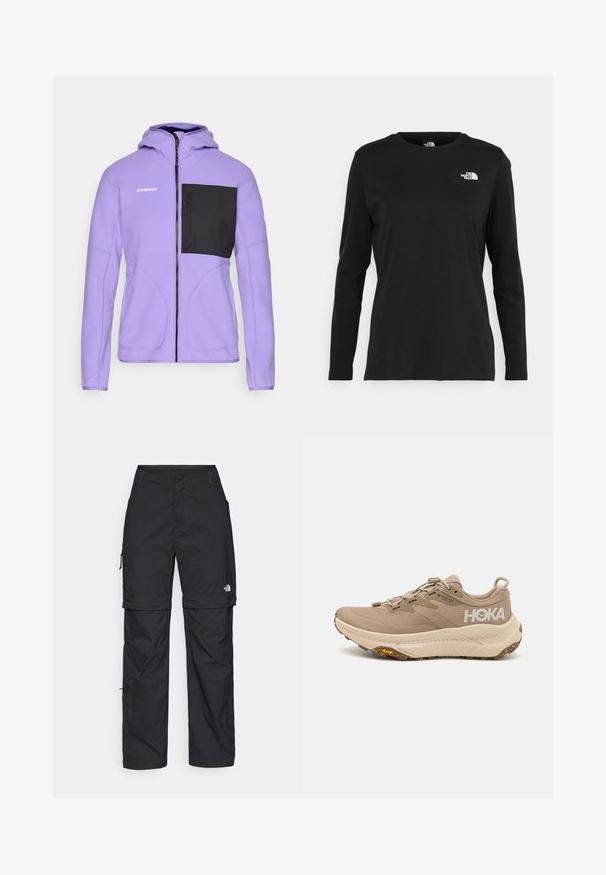 Μωβ φλις jacket με μαύρη τσέπη στο στήθος, πλήρη φερμουάρ και κουκούλα. Χαρακτηρίζει αντίθετες ραφές και λογότυπο στον αριστερό ώμο.; Μαύρο μακρυμάνικο μπλουζάκι από βαμβάκι με στρογγυλή λαιμόκοψη. Διαθέτει ένα μικρό λευκό λογότυπο στην αριστερή πλευρά του στήθους. Απλός σχεδιασμός και εφαρμογή.; Μαύρα νάιλον παντελόνια cargo με φερμουάρ που αφαιρούνται, ρυθμιζόμενους καρπούς, πολλαπλές τσέπες και λογότυπο στο δεξί πόδι. Απαλή, ελαφριά υφή.; Μπεζ ορειβατικό παπούτσι με υφή στην επάνω πλευρά, σόλα Vibram και ελαστικά κορδόνια. Διαθέτει το λογότυπο HOKA και την επωνυμία GORE-TEX για αδιαβροχοποίηση.