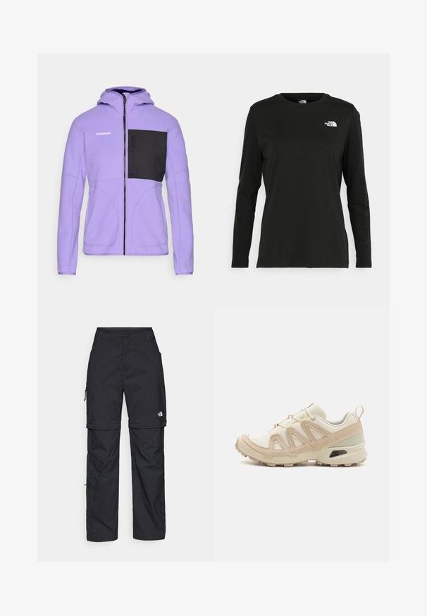 Lilla fliisitakiga musta rinnaesisega, täispikkade lukuga ja kapuutsiga. Omab kontrastseid õmblusi ja brändingut vasakul õlal.; Must mustahiheline T-särk, millel on pikad varrukad, valmistatud puuvillast ja ümarast kaelusest. Vasakul rinnal on väike valge logo. Lihtne disain ja sobivus.; Mustad nailonist valmistatud eemaldatavad cargo-püksid, reguleeritavate pahkluudega, mitmete taskutega ja paremal jalal logoga. Sile, kerge tekstuur.; Beež ja koobalti spordijalats tekstureeritud võrkkattega, toetavad ülemised kihid ja kummist tallaga, millel on mustriga joonistus haardeks.