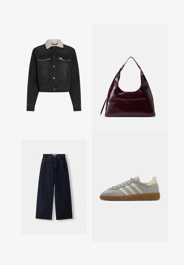Schwarze Jeansjacke mit Schaffellkragen, vorderem Knopfverschluss, zwei Brusttaschen und cropped Design. Verfügt über subtile Nähdetails.; Schwarzer Strickpullover, runder Ausschnitt, lange Ärmel, lockere Passform, weiche Textur, keine sichtbaren Muster oder Akzente. Geeignet für den Freizeitlook.; Dunkelblaue, weite Jeans mit hoher Taille, fünf Taschen, Kontrastnähten und silbernem Metallzubehör. Glatte Textur und saubere Verarbeitung.; Graue Wildledersneaker mit hellgrauen Lederstreifen und einer Sohle aus Gummi. Zu den Merkmalen gehören eine Schnürung und dezente Markenkennzeichnung auf der Zunge.; Burgunderfarbene Lederhandtasche mit abgerundetem Ausschnitt, glatter Textur und langem Schulterriemen, minimalistischem Design und ohne sichtbare Hardware.