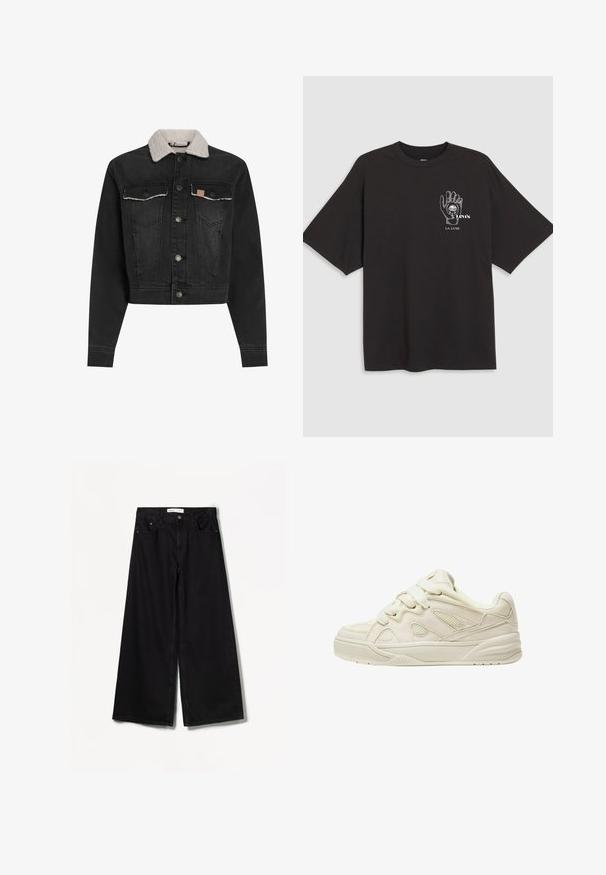 Mustakankaiset farkkutakki, jossa on karvakaulus, etupainike-kiinnitys, kaksi rintataskua ja lyhennetty malli. Sisältää hienovaraisia ompeluyksityiskohtia.; Mustapaita, jossa on lyhyet hihat, kädessä oleva graafinen kuva ja valkoinen teksti "Levi's LA LUNE" vasemmassa rintakohdassa.; Bershka WIDE-LEG - Leveälahkeiset - black; Beige lenkkarit, joissa on teksturoitu päällinen, huomiota herättävät nauhat, verkkopaneelit ja paksu pohja. Kaareva muotoilu ja pehmustettu nilkkareunus mukavuutta varten.
