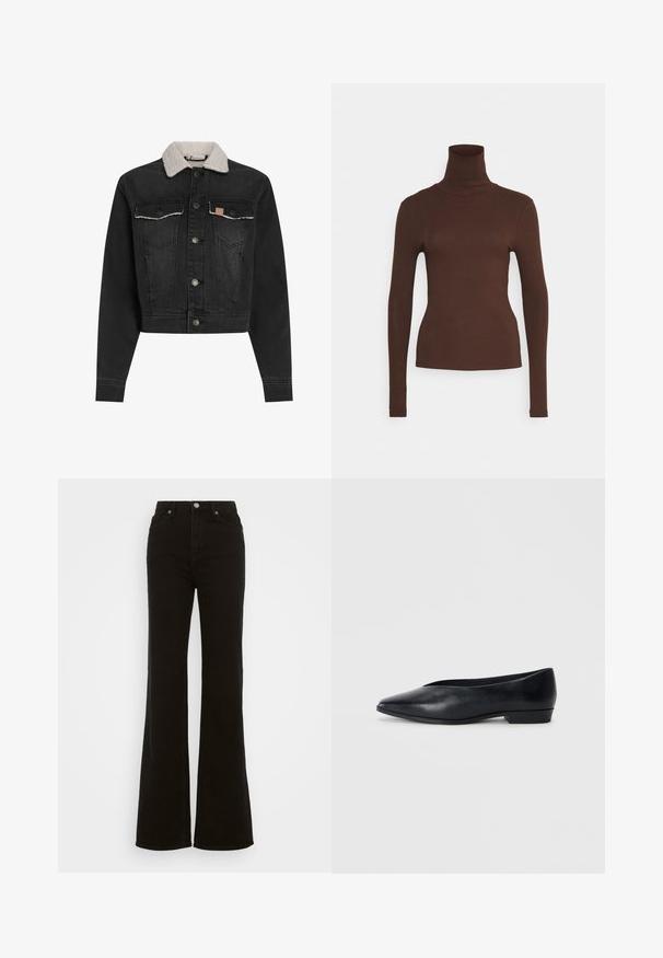 Schwarze Jeansjacke mit Schaffellkragen, vorderem Knopfverschluss, zwei Brusttaschen und cropped Design. Verfügt über subtile Nähdetails.; Pieces PCKITTE ROLLNECK - Langarmshirt - chicory coffee; Hoch taillierte schwarze Schlagjeans aus Denim, mit Knopfverschluss, seitlichen Taschen und glatter Textur.; Schwarze Lederflatschuhe mit spitzer Zehenform, leicht erhöhtem Absatz und glatter Oberfläche. Schlichtes Design ohne sichtbare Hardware oder Muster.