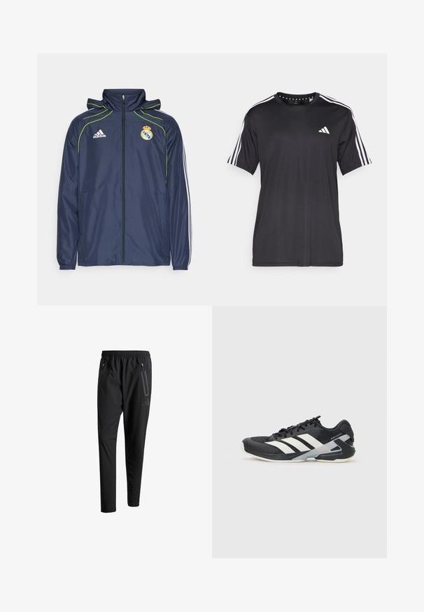 Marineblå vindjakke med grønne detaljer, lynlås foran, hætte og sidelommer. Har Adidas-logo og Real Madrid-emblem på brystet.; Svart kortermet t-skjorte med hvit tre-stripesdesign på skuldrene og logo på brystet. Laget av pustevennlig stoff med glatt tekstur.; Svarte treningsbukser med elastisk liv, to glidelåslommer på sidene, avsmalnende ben og en subtil logo detalj ved hoften.; Svart treningssko med hvite striper, mesh-overdel, avrundet tå og polstret såle. Har en teksturert hæl og et sikkert snøresystem.