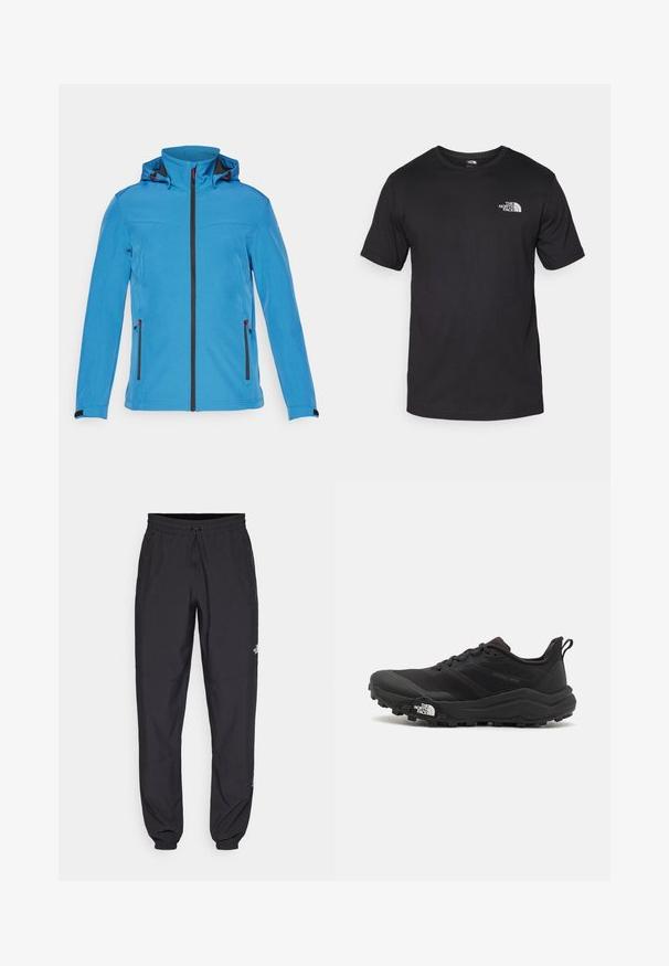 Blauwe hooded softshell jas met zwarte rits aan de voorkant, ritszakken aan de zijkanten en verstelbare manchetten op een witte achtergrond.; Zwarte T-shirt met korte mouwen van katoen, voorzien van een ronde halslijn en een klein wit logo op de bovenste linkerkant van de borst.; Zwarte sportieve broek gemaakt van lichtgewicht stof, met een trekkoord in de taille, zijzakken en taps toelopende boorden bij de enkels.; Zwarte trailrunning schoen met een gestructureerde bovenkant, rubberen zool en versterkte neus. Voorzien van een gevoerde kraag en een trekhaak voor eenvoudig aan- en uittrekken.