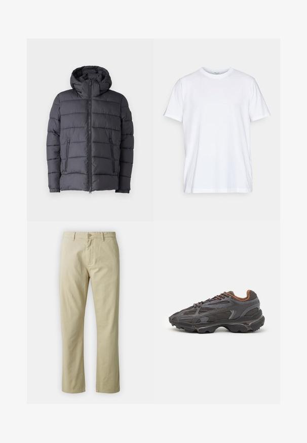 Veste matelassée gris foncé avec capuche, présentant un design matelassé, une fermeture éclair à l'avant et deux poches latérales. Tissu doux et texturé.; T-shirt en coton blanc à manches courtes, col rond et coupe décontractée. Présente un design minimaliste, sans motifs ni accents.; Pantalon en coton beige avec une coupe droite, fermeture à bouton sur le devant et passants de ceinture. Texture lisse, sans motifs ou accents visibles.; Baskets Lacoste en gris foncé, en matériau mesh et synthétique, avec une semelle texturée et des accents marron sur le col et le branding.