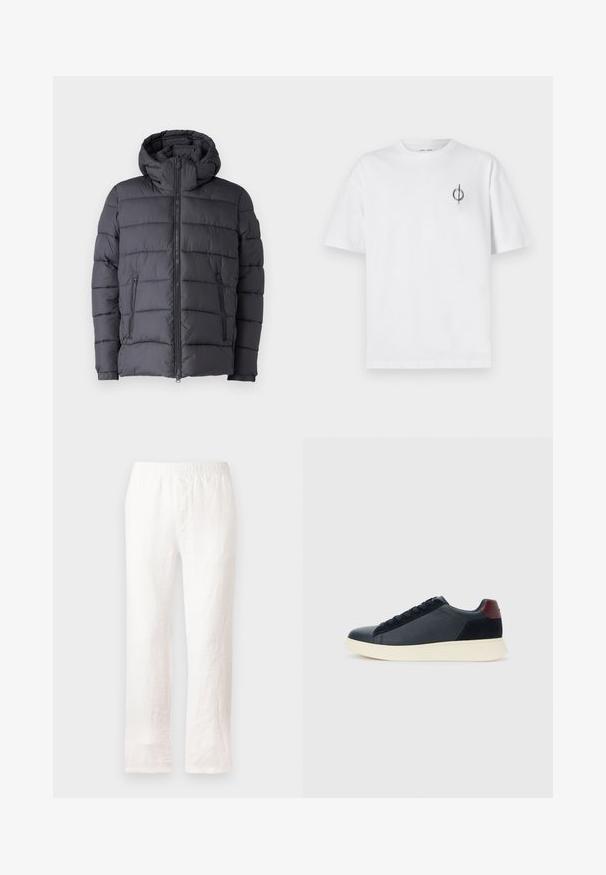 Tumes hallis puhvjakas kapuutsiga, millel on tikandiga disain, tõmblukk ees ja kaks küljetaskut. Pehme, tekstuuriga kangas.; Valge puuvillane t-särk lõdva sobivusega, millel on vasakul rinnal väike must graafiline logo. Lühikesed varrukad, ümmargune kaelus.; Valged linased püksid elastse vöökoha, sirge jala kujunduse ja kergelt tekstureeritud kangaga. Ilma mustrite või lisadega.; Madala stiilis meeste toss mustast nahast ja seemisnahast, marooni värvi kanna detailiga ja valge kummist tallaga, vaatega välisküljelt.