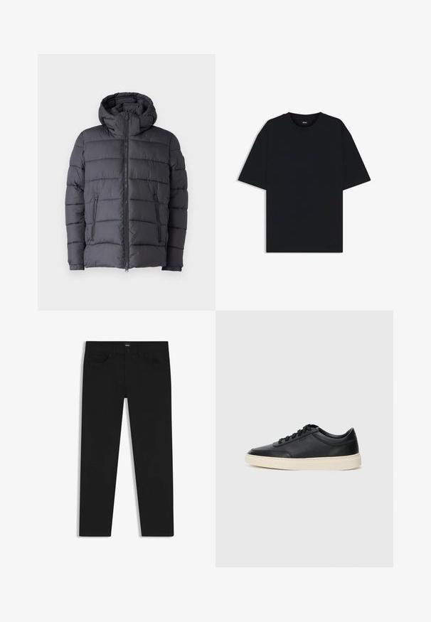 Puffer jacket in dark gray with a hood, featuring a quilted design, zippered front, and two side pockets. Soft, textured fabric.; Black cotton t-shirt with a round neckline and short sleeves. Features a loose fit and a simple design without patterns or accents.; Black denim trousers with a straight cut, featuring a standard waistband, five pockets, and a button closure. Smooth texture throughout.; Black low-top leather sneaker with black laces and off-white sole shown in side profile on white background.