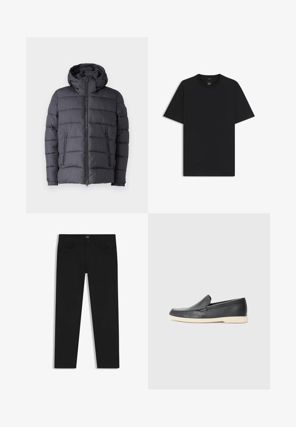 Giacca a vento imbottita grigia scura con cappuccio, caratterizzata da un design trapuntato, chiusura lampo frontale e due tasche laterali. Tessuto morbido e texture.; Maglietta nera a maniche corte realizzata in un morbido misto cotone, con scollatura a girocollo e un design minimalista senza motivi o dettagli.; Pantaloni in denim nero con taglio dritto, dotati di vita standard, cinque tasche e chiusura con bottone. Texture liscia su tutta la superficie.; Mocassini neri in pelle con finitura testurizzata e suola in gomma beige a contrasto. Presentano un accento sottile lungo la parte anteriore.