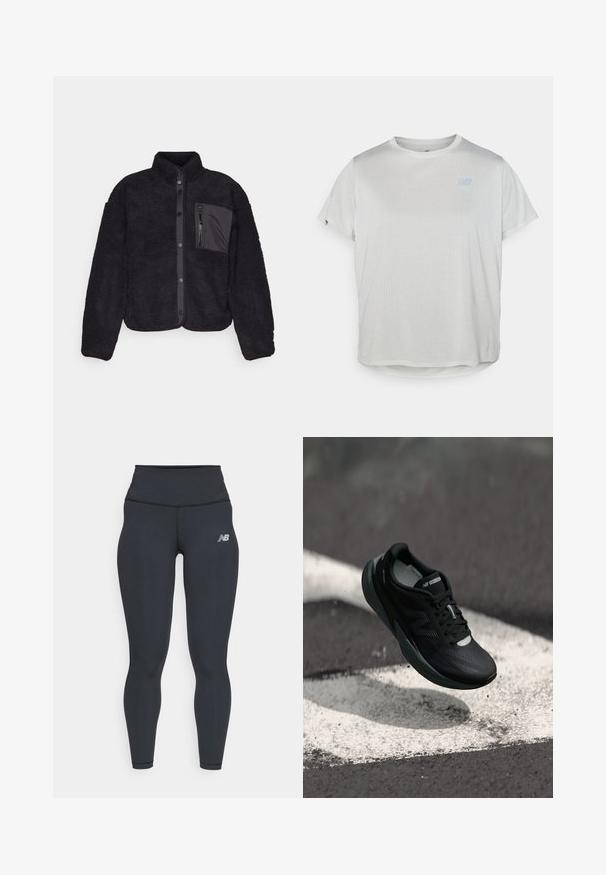 Jaqueta de fleece preta com uma superfície texturizada, botões de pressão, colarinho alto e um bolso peitoral com fecho éclair em material contrastante.; T-shirt atlético cinza-claro de mangas curtas com um tecido de malha texturizada e um logótipo azul subtil na frente. Barra arredondada na parte inferior.; Leggings atléticos pretos com um cós alto, apresentando uma textura suave e um pequeno logótipo branco da New Balance na coxa.; Sapatilha de corrida preta com um cabedal texturizado, design elegante e detalhes reflexivos. Apresenta uma sola macia e acolchoada para maior conforto.