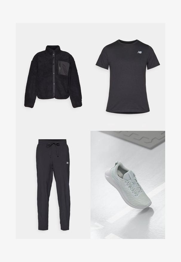 Schwarze Fleecejacke mit strukturierter Oberfläche, Druckknöpfen, einem Stehkragen und einer zipbaren Brusttasche aus kontrastierendem Material.; Schwarzes Kurzarm-T-Shirt aus weichem Stoff, mit einem kleinen grauen New Balance-Logo auf der linken oberen Brust, klassisches Rundhals-Design.; Schwarze Jogginghosen aus leichtem Material mit elastischem Bund und verstellbarem Kordelzug. Verfügt über ein kleines Logo an der Seite.; Hellgrau Trainingsschuh mit strukturiertem Mesh-Obermaterial, Schnürdesign, gepolsterter Sohle und minimalem Branding.