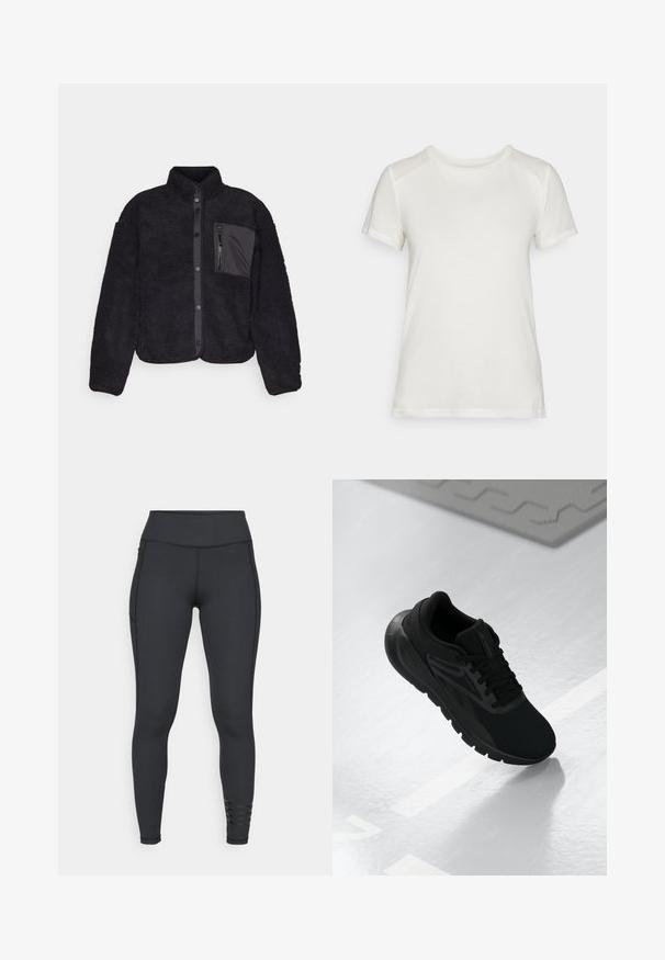 Sort fleecejakke med en tekstureret overflade, trykknapper, en ståkrave og en lynlåslomme på brystet i kontrasterende materiale.; Hvid kortærmet t-shirt lavet af blødt stof, med en rund halsudskæring og en afslappet pasform med glatte, sømløse skulderdetaljer.; Sorte leggings lavet af strækbart materiale, med høj talje, slankt design og stribede accenter nær anklen.; Sort atletiksko med en mesh-overdel, rund tå, polstret sål og strukturerede detaljer, placeret på en glat hvid overflade.
