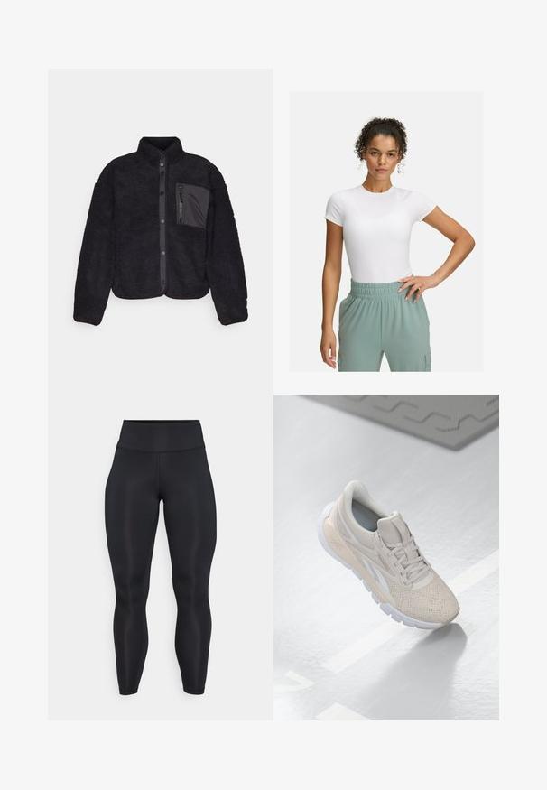 Mustvalge fliistekk, millel on tekstuuriga pind, nööbid, püsti krae ja eristuva materjaliga tõmblukuga rinna-tasku.; Valge lühikeste varrukatega T-särk, millel on sobiv lõige, kombineeritud helesiniste elastsete vöökohtpükstega. Sile tekstuur, minimalistlik disain ja nähtavaid mustreid pole.; Mustad kõrge vöökohaga täispikad legginsid, mis on valmistatud siledast kangast ning millel on esiosas ja vöökoha piirkonnas nähtavad õmbluse detailid.; Heledad beež spordijalanõud perforatsiooni, tekstuursete aktsentide, pehmendatud krae ja valge kummitaldiga, disainitud mugavuse ja hingavuse tagamiseks.