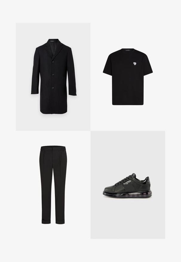 Crni jednodijelni kaput s tri gumba sprijeda, rever kragnom, dugim rukavima i dva bočna džepa na bijeloj pozadini.; Crna pamučna majica s kratkim rukavima, okruglim izrezom i malim bijelim grafičkim srcem na lijevoj strani prsnog dijela.; Crne hlače s elastičnom trakom u struku, s ravnim krojem i zavrnutim rubovima. Napravljene od glatkog, tkanog materijala bez uzoraka.; Crna sportska cipela s glatkom kožnom gornjom dijelu, zaobljenim vrhom i vezanjem. Sadrži prozirnu, ublaženu potplat s tamnim degradéom.