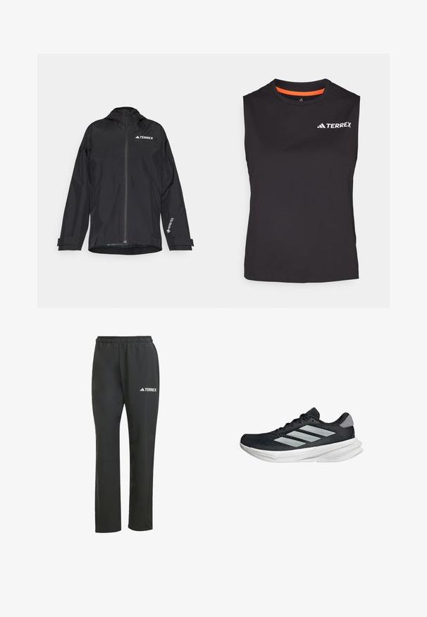 Černá nepromokavá bunda se zipem vpředu, kapucí a nastavitelnými manžetami. Obsahuje bílé logo a texturovanou vnitřní podšívku.; Bezrukávové černé sportovní tričko vyrobené z tkaniny odvádějící vlhkost. Obsahuje oranžový akcent na límci a bílý potisk loga "TERREX".; Černé lehké kalhoty s elastickým pasem. Obsahují jemné bílé logo "TERREX". Hladká tkanina a rovný střih.; Černé běžecké boty s vrchní částí z prodyšné síťoviny, třemi stříbrnými pruhy, bílou mezipodešví a texturovanou podešví. Obsahují polstrovaný límec a šněrování.